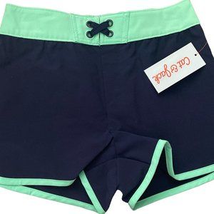 Cat & Jack Dark Blue & Green Girls Board Swim Shorts, No Lining S(6/6X)